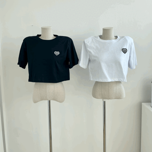 [원단짱/기본템] 어깨패드 루즈핏 하트 크롭 반팔 티셔츠 3color